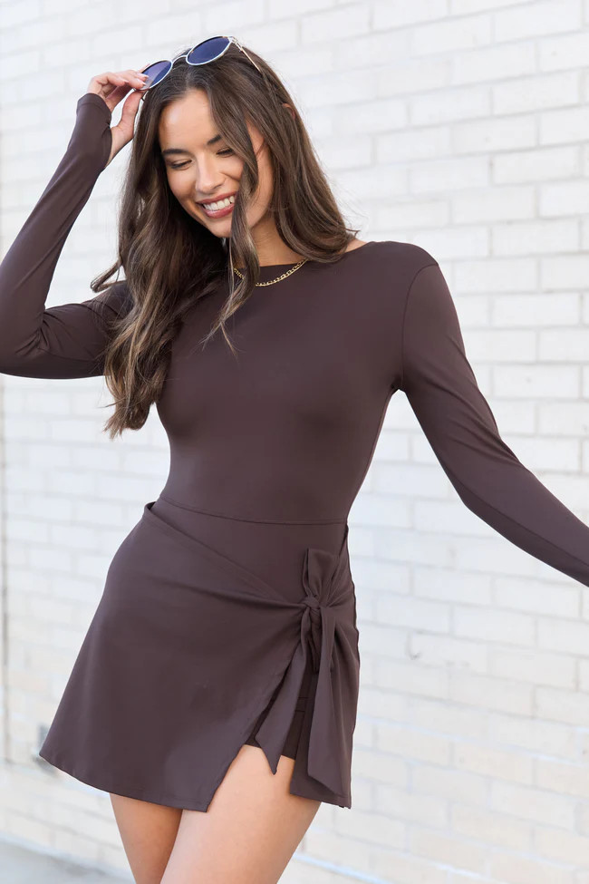 On My Terms Brown Long Sleeve Active Wrap Dress | Pink Lily