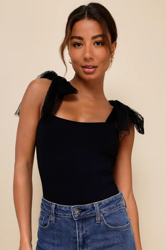 Thoughtful Charm Black Swiss Dot Tie-Strap Bodysuit | Lulus
