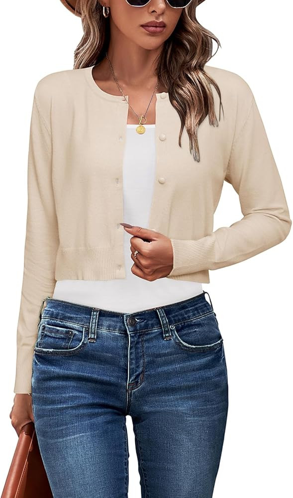 Newshows Cropped Cardigan Sweaters for Women 2025 Crew Neck Button Down Open Front Knit Bolero Sh... | Amazon (US)