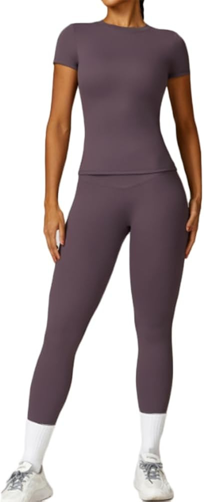 Women's Compression Clothing Gym Fitness Set Round Neck Short Sleeve Slim Run T-Shirt and High Wa... | Amazon (US)