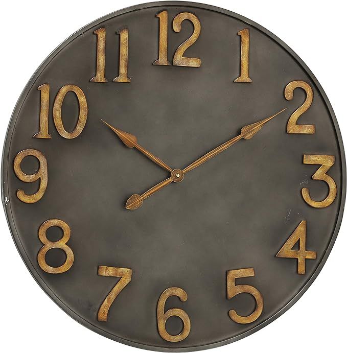 WHW Whole House Worlds Industrial Modern Wall Clock, Pewter Grey Metal, Antique Gold Numerals, Qu... | Amazon (US)