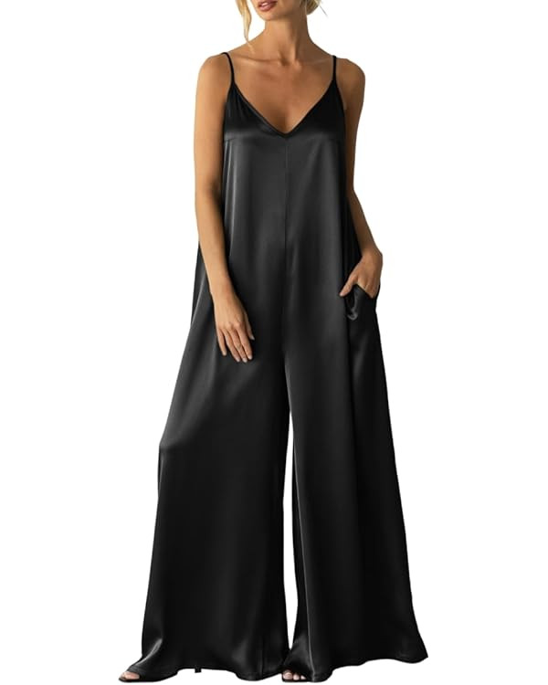 Womens Satin Wide Leg Jumpsuits Dressy Casual Flowy Spaghetti Strap Date Night Rompers One Piece ... | Amazon (US)