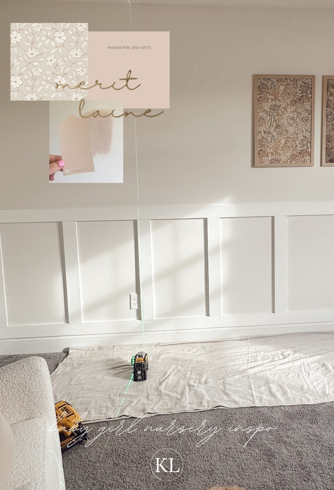 nursery coming along 💓✨ we have one wall painted and will finish tomorrow! linking my husbands items he used to create this wall! so quick + easy! he’s a carpenter! there are a ton of vids on TikTok + YouTube if you need some assistance on a board + batten wall accent. 🤪

room details: 
•wall color: malted milk 
•wallpaper above accent wall: cottagecore netural by @wimzywalls (a collab I’m so excited about!) 🥹✨🧸🕊️
•name sign we ordered: @etsy 

#LTKKids #LTKHome #LTKBaby