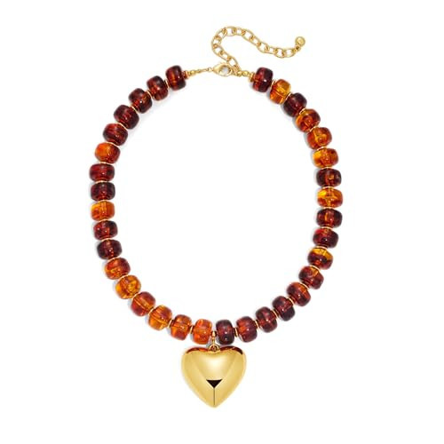 ENSKEFEN Brown Beaded Heart Pendant Necklaces for Women Trendy Puffy Gold Heart Chunky Necklace Boho Acrylic Resin Beads Necklace Vintage Statement Choker Necklaces Jewelry | Amazon (US)