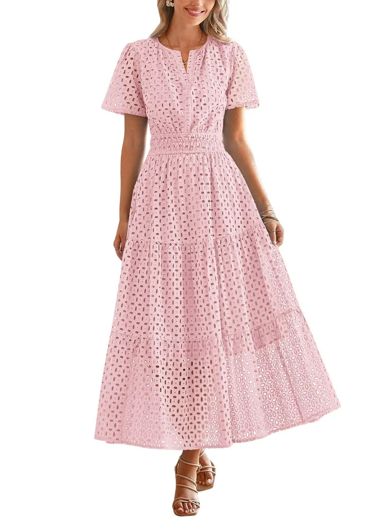 PRETTYGARDEN Womens Summer Maxi Dress Short Sleeve V Neck Hollow Out Eyelet A Line Long Flowy Bea... | Walmart (US)