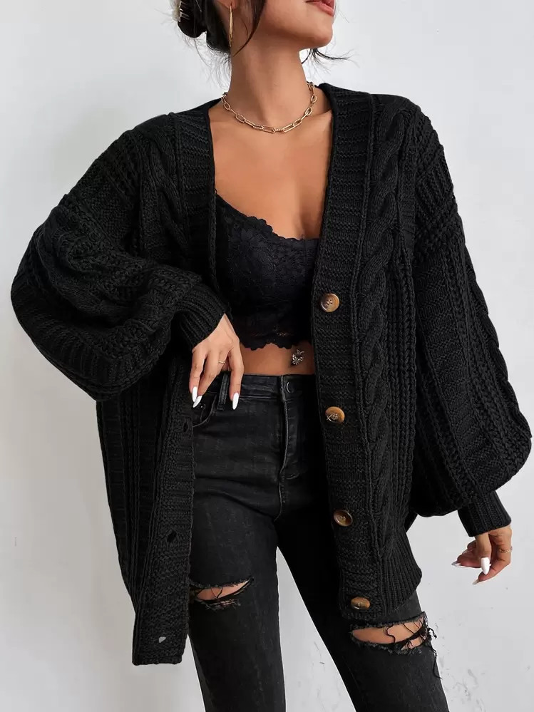 EMERY ROSE Solid Button Front Cable Knit Cardigan,Long Sleeve Tops Fall Winter Cloth For Women | SHEIN