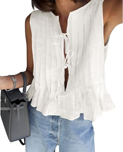 Cicy Bell Womens Bow Front Tie Tank Tops Pleated Babydoll Top Sleeveless Cute Coquette Shirt Summer Outfits White | Amazon (US)