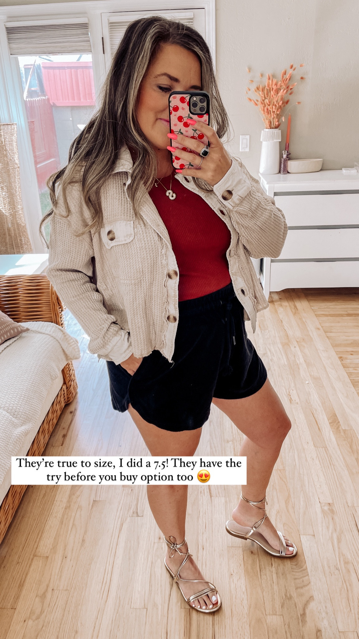 The cutest lace up sandals in gold! Gold and metallic shoes are the latest trend I’m here for & it’s staying thru Fall 😍

I went with my true to size 7.5 

Shacket & Shorts are SwaggingMomma.com 