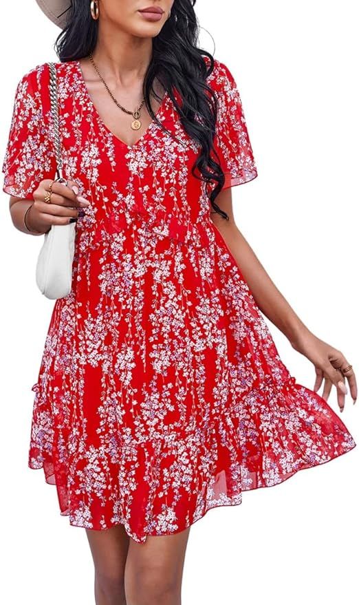 Dasivrry Womens Chiffon Floral Short Sleeve V Neck Flounce Flowy A Line Short Mini Dresses S-XL | Amazon (US)
