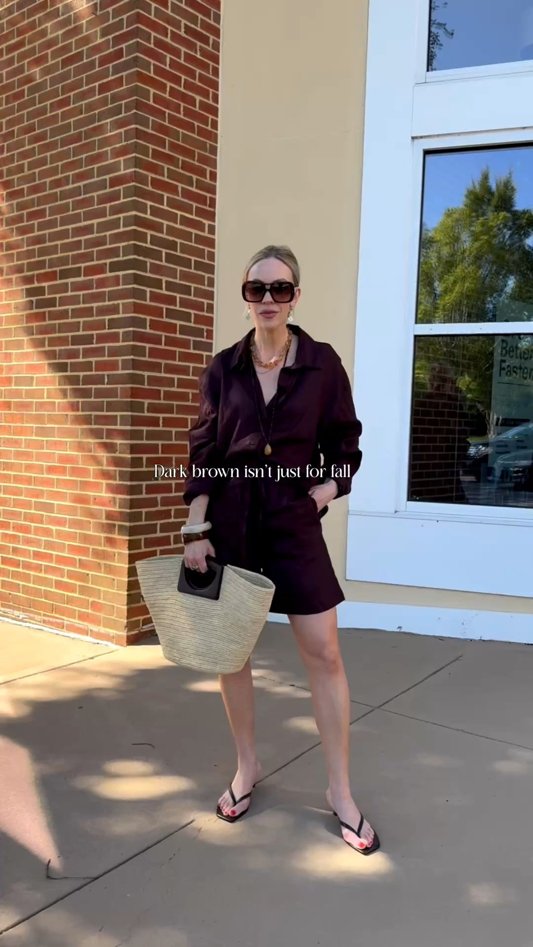 Dark brown styled for summer - linen matching set, kitten heel thong sandals, Le Tanneur straw tote

#LTKSeasonal #LTKOver40 #LTKTravel