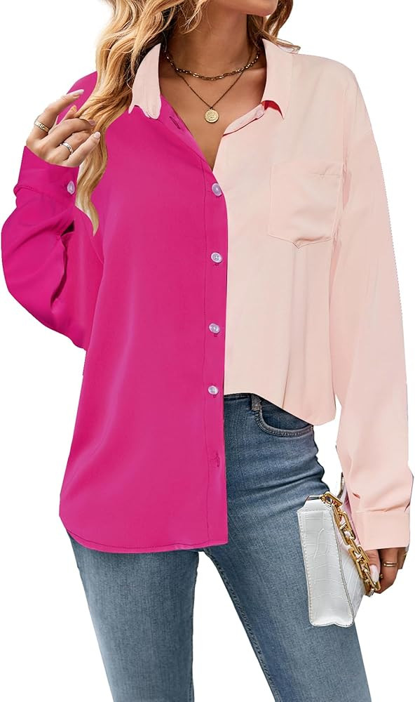 OYOANGLE Women's Loose Blouse Colorblock Oversize Top Long Sleeve Button Down Business Casual Shi... | Amazon (US)