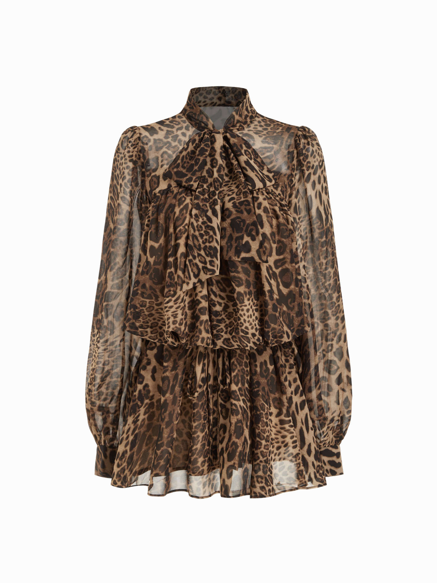 Chiffon Leopard Print Stand Collar Ruffled Oversized Babydoll Mini Dress | Cider