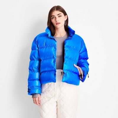 Women's Glossy Puffer Jacket - Future Collective™ with Kahlana Barfield Brown Blue | Target