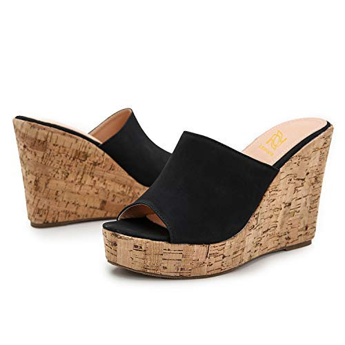 LEHOOR Cork Wedge Mules Platform for Women Slide Sandals Peep Toe, High Wedge 4.5Inch Slippers Microfiber Suede Black 7.5 M US | Amazon (US)