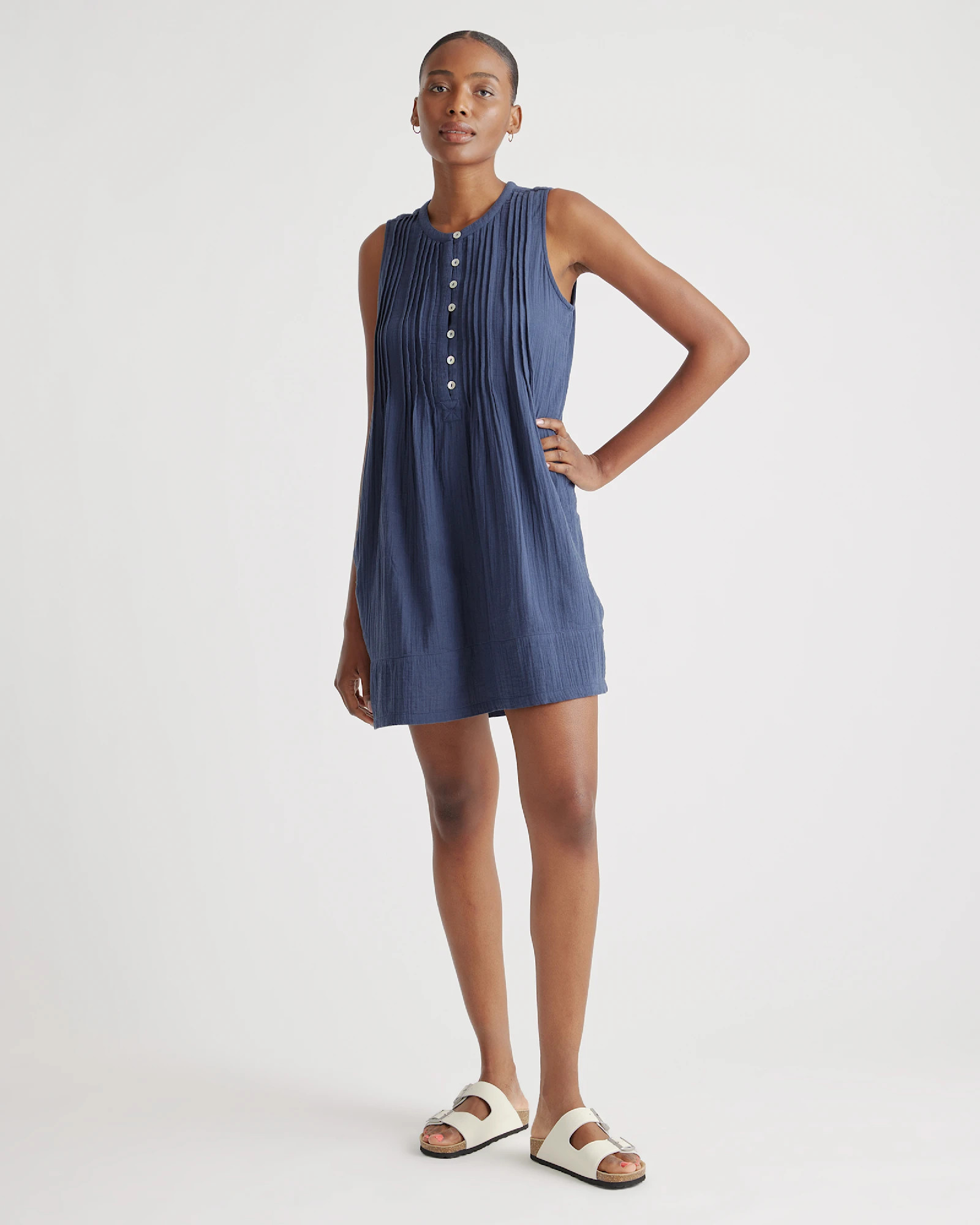 100% Organic Cotton Gauze Sleeveless Swing Dress in Indigo Blue | Quince