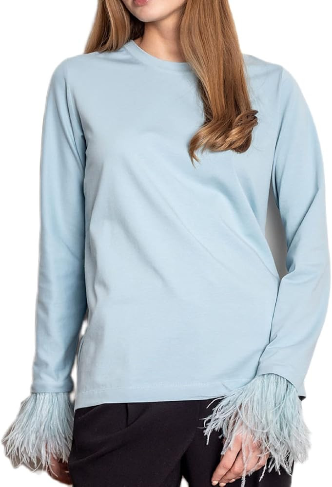 Women Long Sleeve Feather T-Shirt Round Neck Casual Basic Crop Top Faux Vintage Fur Trim Blouse T... | Amazon (US)