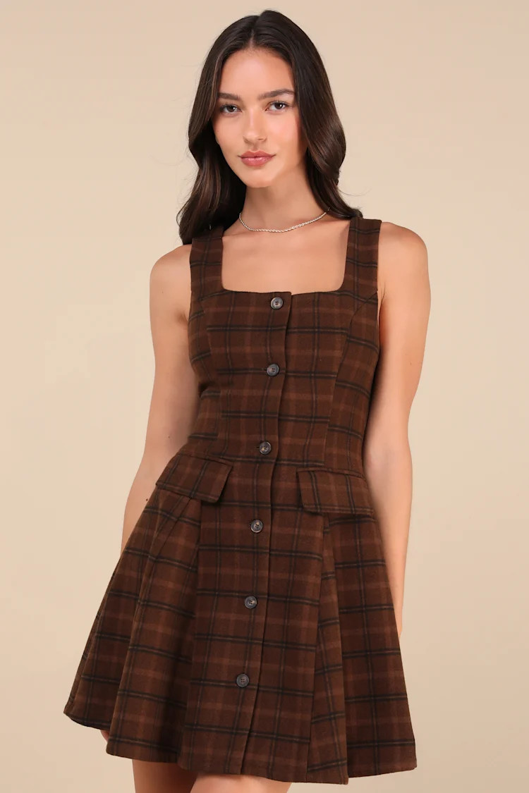Autumn Approach Brown Plaid Sleeveless Button-Up Mini Dress | Lulus