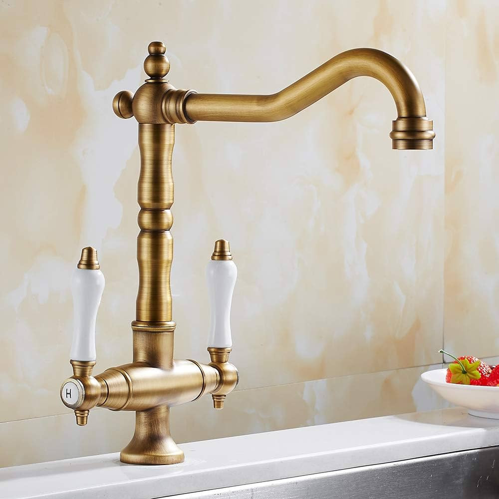 Traditional Kitchen Sink Mixer Tap Double Handle Solid Brass Kitchen Tap Antique Gold Brass Georg... | Amazon (UK)