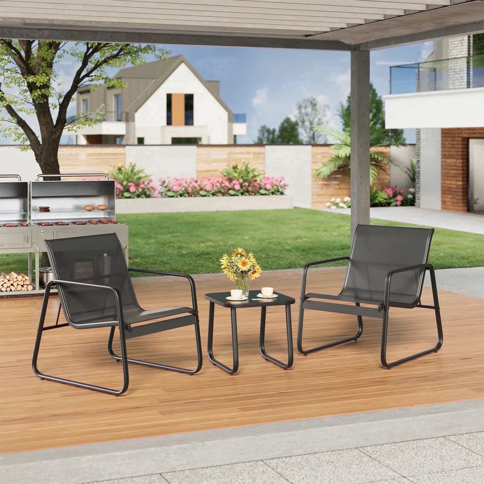 Asofer 3-Piece Outdoor Patio Furniture Set with Glass Table, Bistro Chairs Set for Poolside, Porc... | Walmart (US)