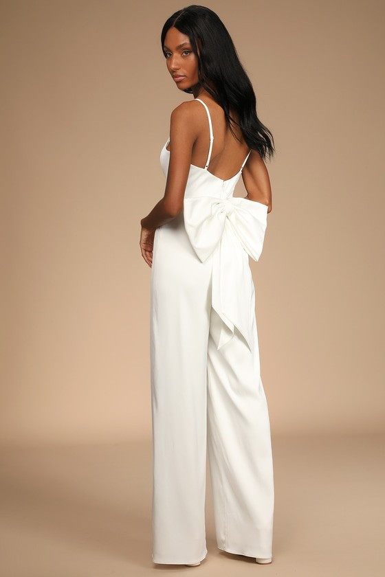 Lasting Romance Ivory Satin Bow Back Wide-Leg Jumpsuit- Courthouse Wedding - Bride Jumpsuit | Lulus (US)