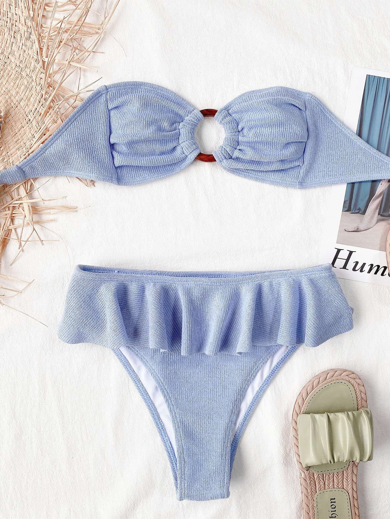 Ruffle Trim Ring Linked Bandeau Bikini Swimsuit | SHEIN