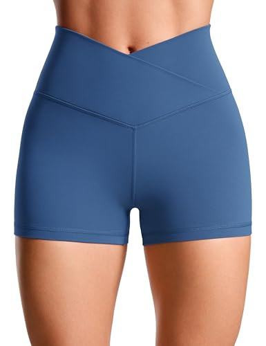 CRZ YOGA Womens Butterluxe Crossover Biker Shorts 3 Inches - Criss Cross High Waisted Workout Yoga Shorts Buttery Soft Pitch Blue X-Small | Amazon (US)