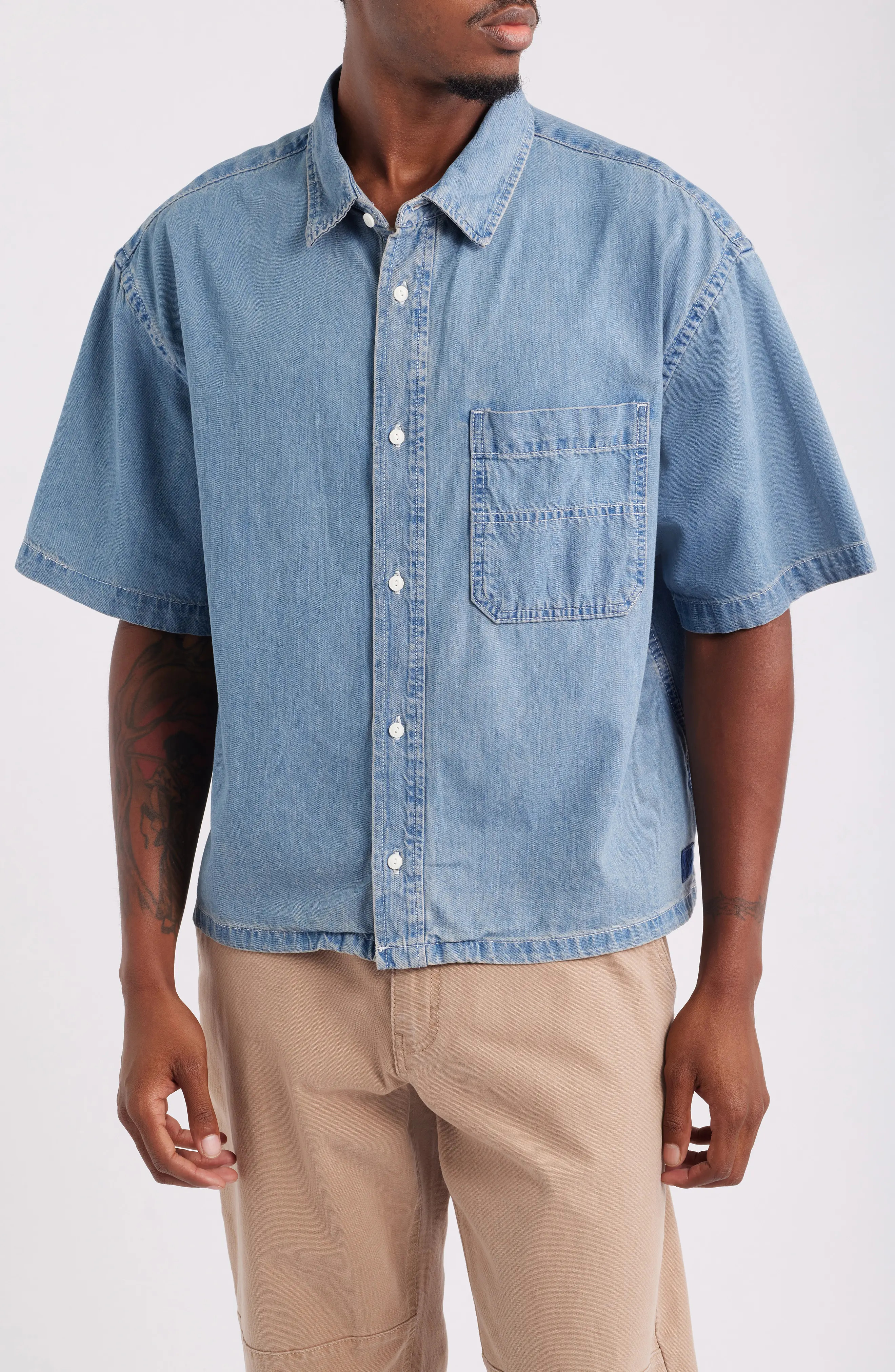 Vans Cyrus Loose Fit Short Sleeve Denim Button-Up Shirt in Stonewash Blue at Nordstrom, Size Large | Nordstrom