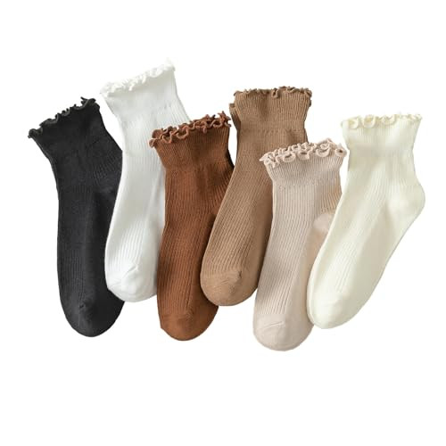 Hstyle Ruffle Socks Women, Turn-Cuff Casual Cute Ruffle Ankle Socks 6 Pairs Mixed Color | Amazon (US)
