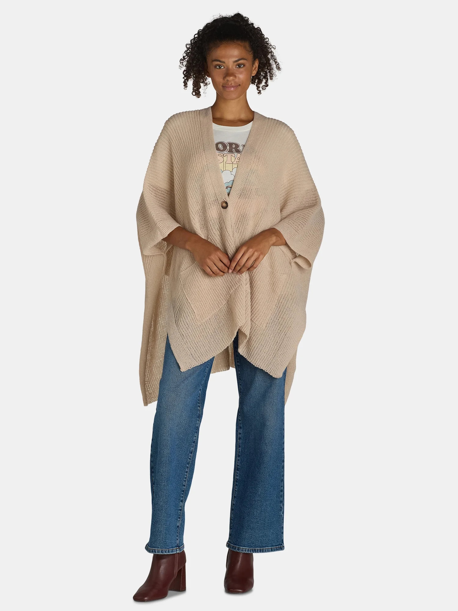 Time and Tru Women's Knit Fashion Ruana with Single Button, One Size, Tan | Walmart (US)