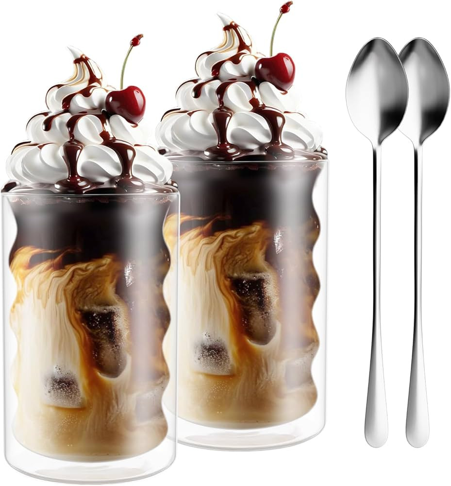 Set of 2 Double Walled Glass Coffee Mugs, 13.5oz Cute Clear Mugs with Thread Lines Design, Borosi... | Amazon (US)