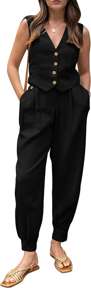 PRETTYGARDEN Women's Summer Two Piece Outfits V Neck Button Front Cropped Tank Tops Vest Pockets ... | Amazon (US)