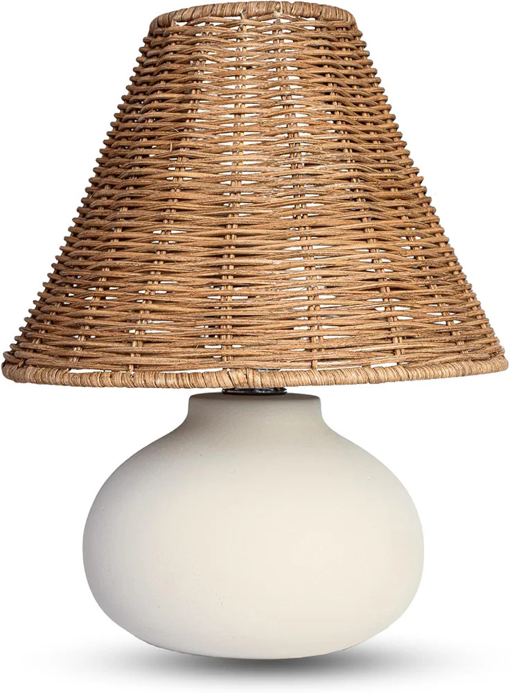 11" Small Table Lamp – Handmade Ceramic Cream Base with Wicker Rattan Shade, Dimmable Plug-in N... | Amazon (US)