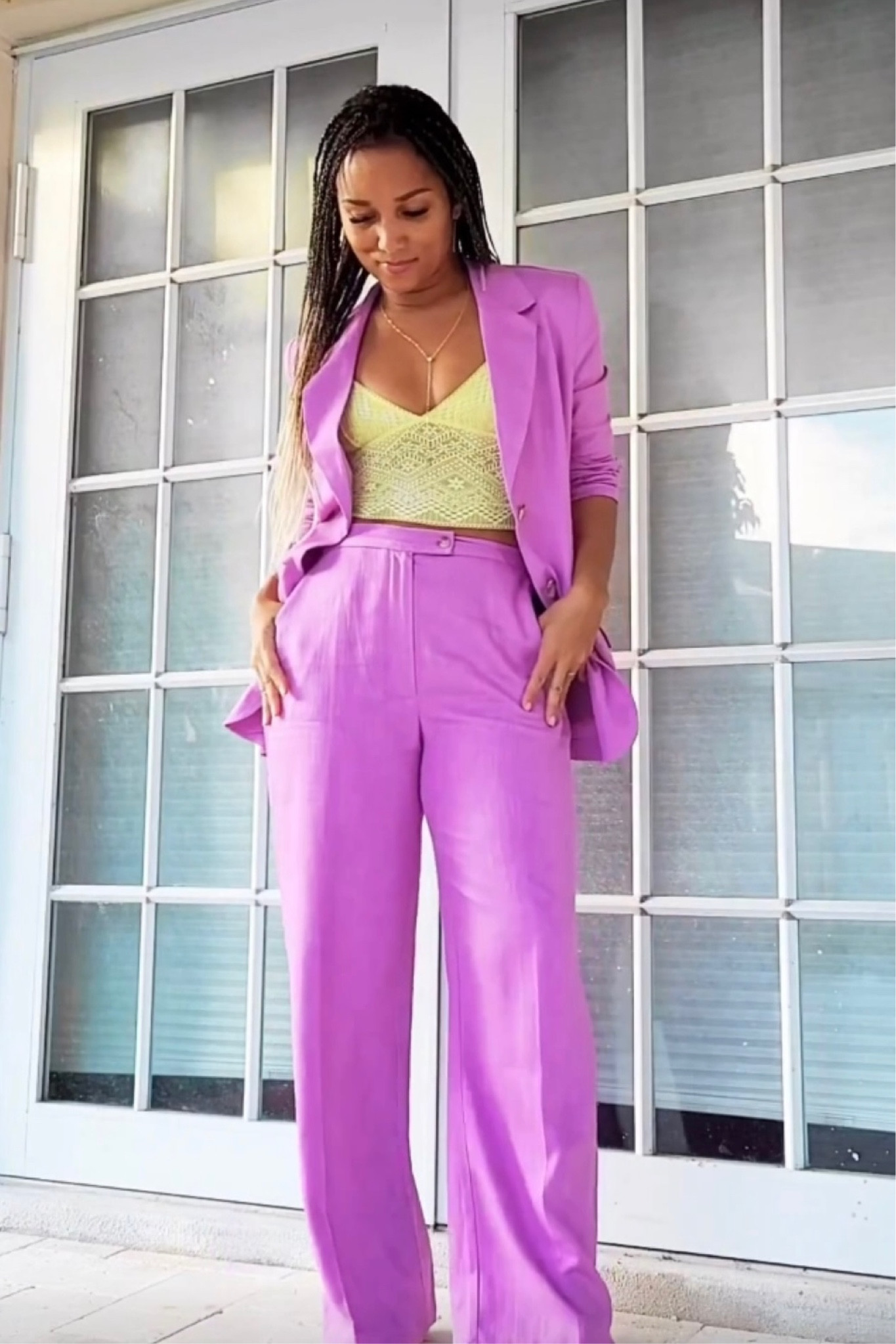 Getting a little jumpstart on spring in this gorgeous suit paired with a neon yellow lace cropped camisole! Wear it button up without the top for another playful option! #ltkspring #springlooks

#LTKunder100 #LTKFind #LTKSeasonal