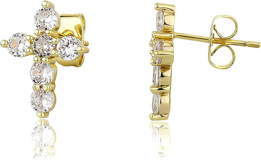 Cross Earrings 14K Gold Plated Dainty Mens Cross Stud Earrings Cubic Zirconia Religious Earring S... | Amazon (US)