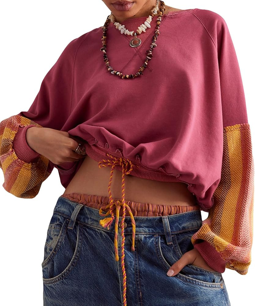 SCOFEEL Women's Casual Sweatshirt CrewNeck Color Block Long Sleeve Drawstring Hem Striped Y2k Ove... | Amazon (US)