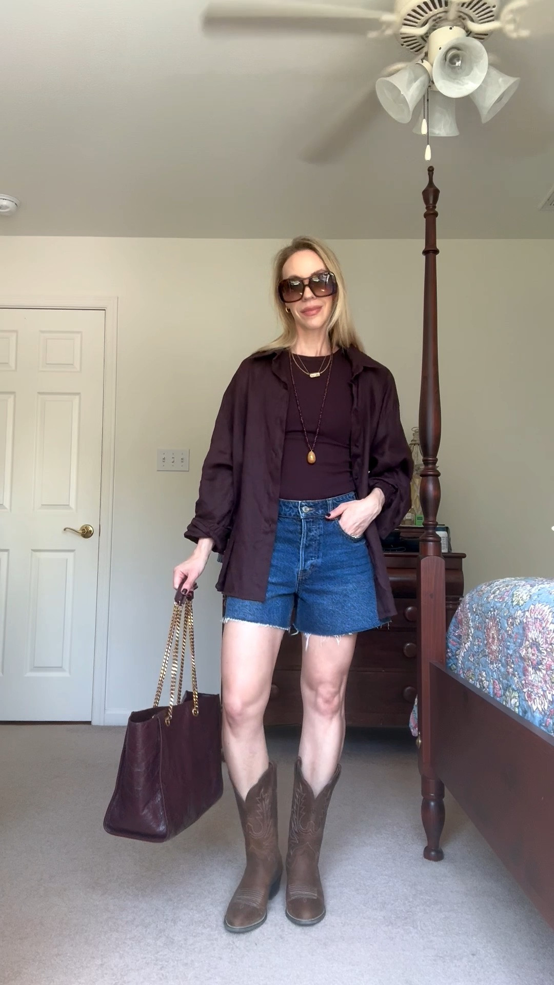 Transitional outfit, summer to fall outfit, oversized linen shirt with tank top, denim shorts and cowboy boots

#LTKSeasonal #LTKOver40 #LTKSaleAlert