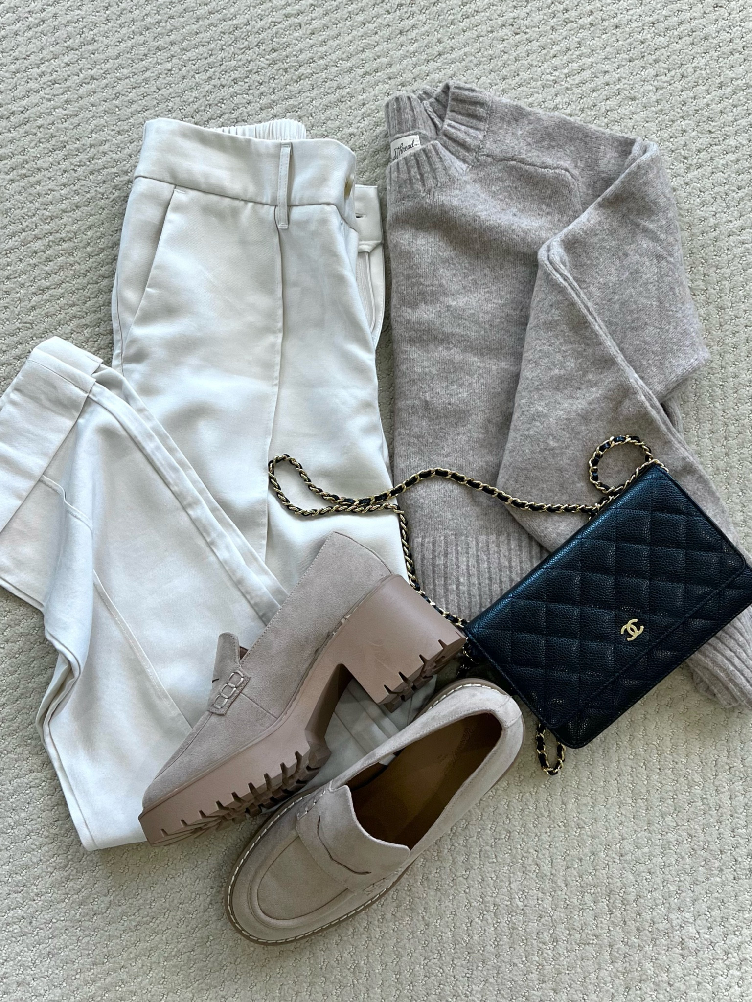Fall neutral outfit 🫶🏼
Target Pants fit tts - wide leg and highrise 
Target Sweater size up one 
Target loafers fit tts.
Chanel bag is wallet on a chain 
Fall style / fall fashion / neutral look / sweater weather / affordable / dressy casual / loafers / neutral shoes 

#LTKstyletip
