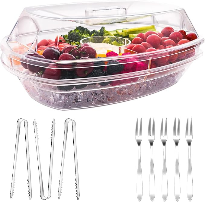 Large Ice Serving Tray for Parties with 5 Stainless Steel Forks and 3 Tongs, Chilled Veggie Fruit... | Amazon (US)