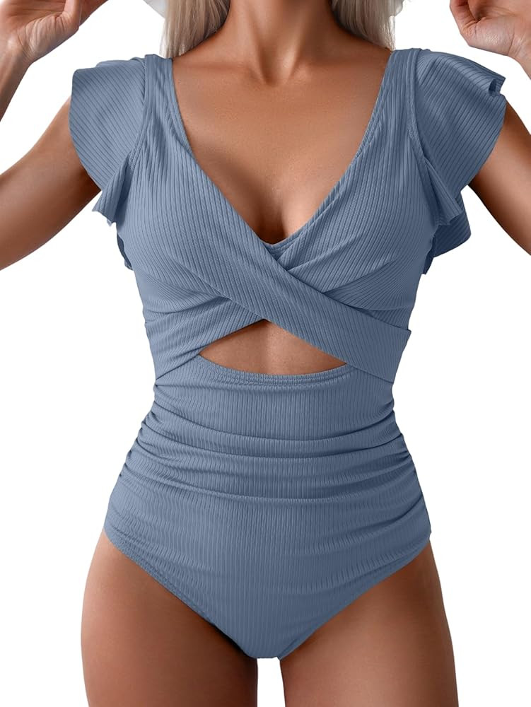 B2prity Women's One Piece Swimsuit Ruffle Cutout Bathing Suits Slimming Tummy Control V Neck Wrap... | Amazon (US)