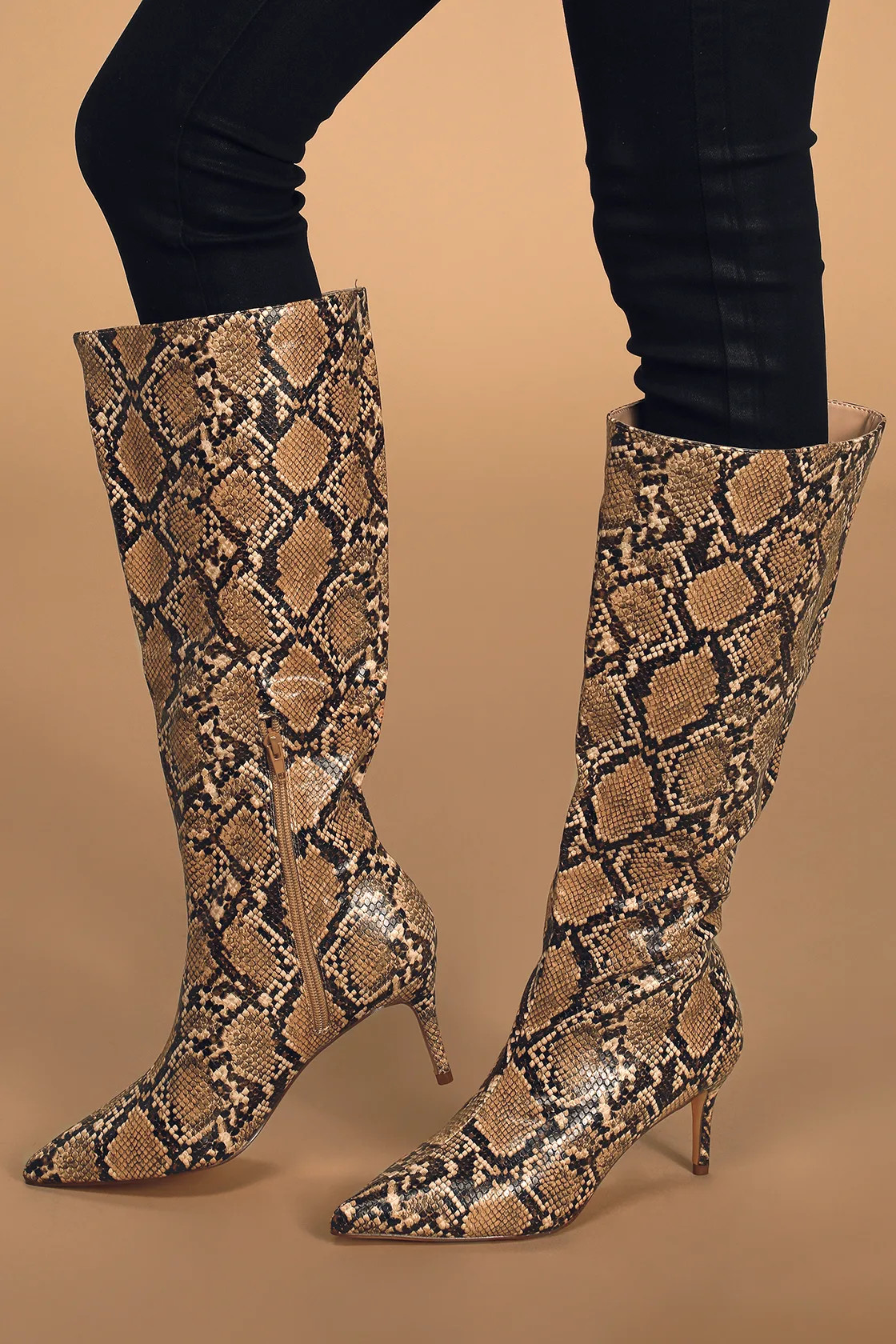 Baarr Tan Snake Pointed-Toe Knee High Boots | Lulus