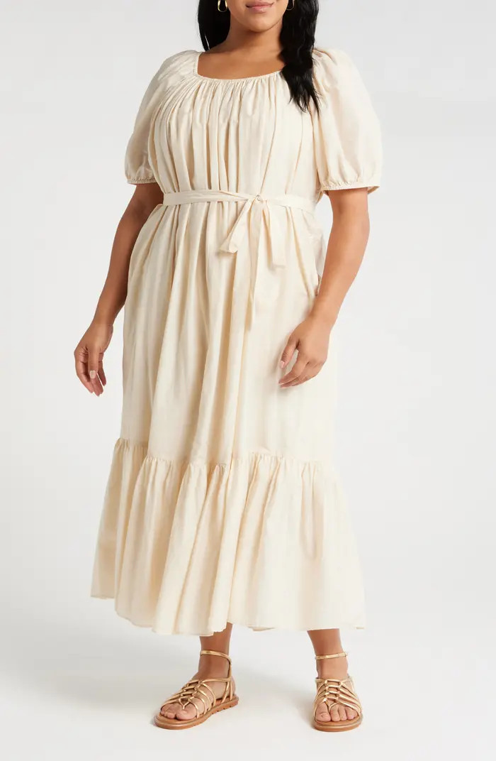 Tiered Blouson Sleeve Cotton & Silk Maxi Dress | Nordstrom