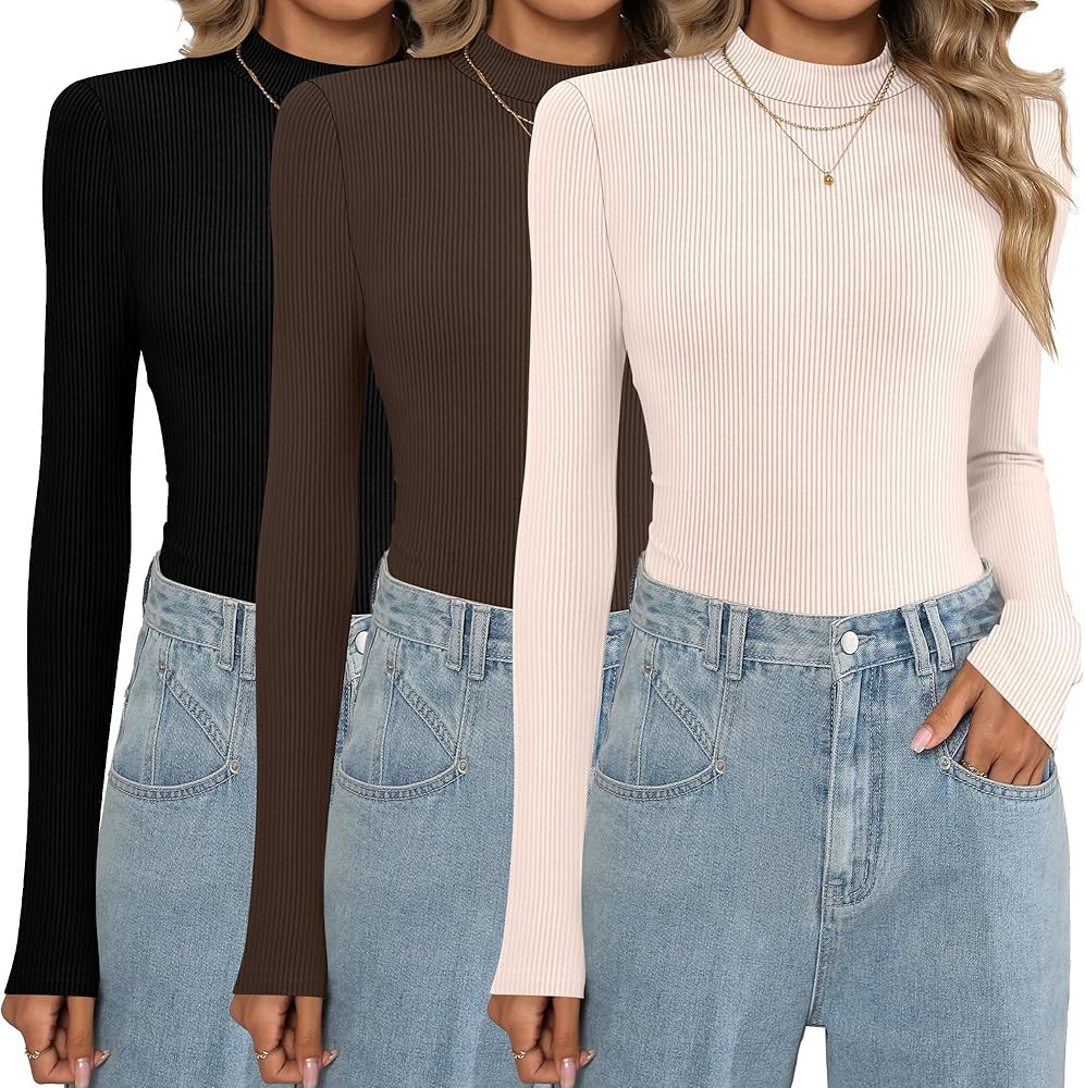 Riyiper 3 Pack Women's Turtleneck Shirts, Slim Fitted Mock Neck Tops Casual Long Sleeve Knit Ribb... | Amazon (US)