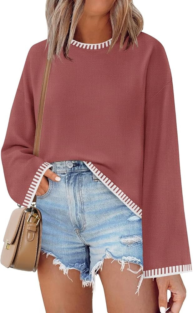 ZESICA Women's Oversized Long Sleeve Sweaters Fall Crewneck Color Block Loose Ribbed Knit Pullove... | Amazon (US)