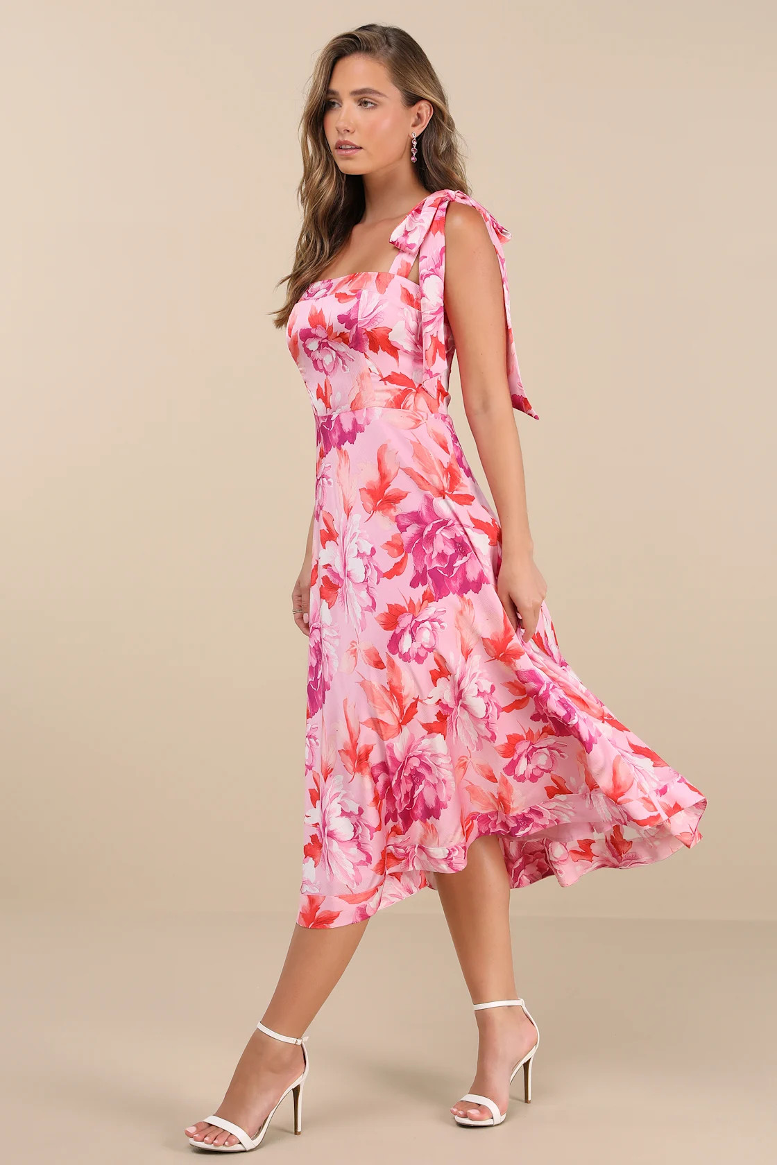 Fleurette Pink Floral Tie-Strap Midi Dress | Lulus