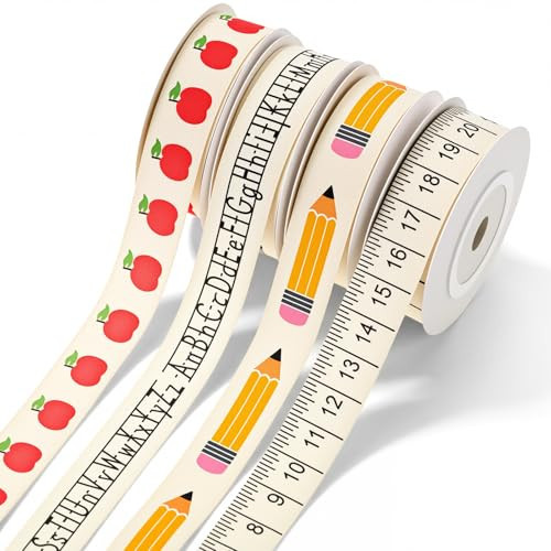 Suncalla 4 Rolls 5 Yards Back to School Ribbons Pencil Ruler Alphabet Letters Apples Cotton Ribbon for Wrapping Gift Welcome School Party Decoration Teacher's Day Gift Wrapping DIY Supplies | Amazon (US)