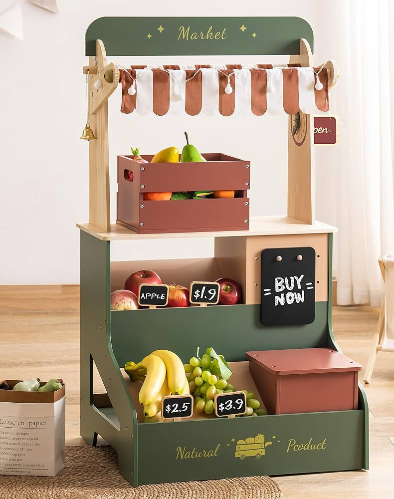 ROBOTIME Wooden Grocery Store Playset, Kids Play Store, Starlight Market Kitchen Playset Stand- R... | Amazon (US)