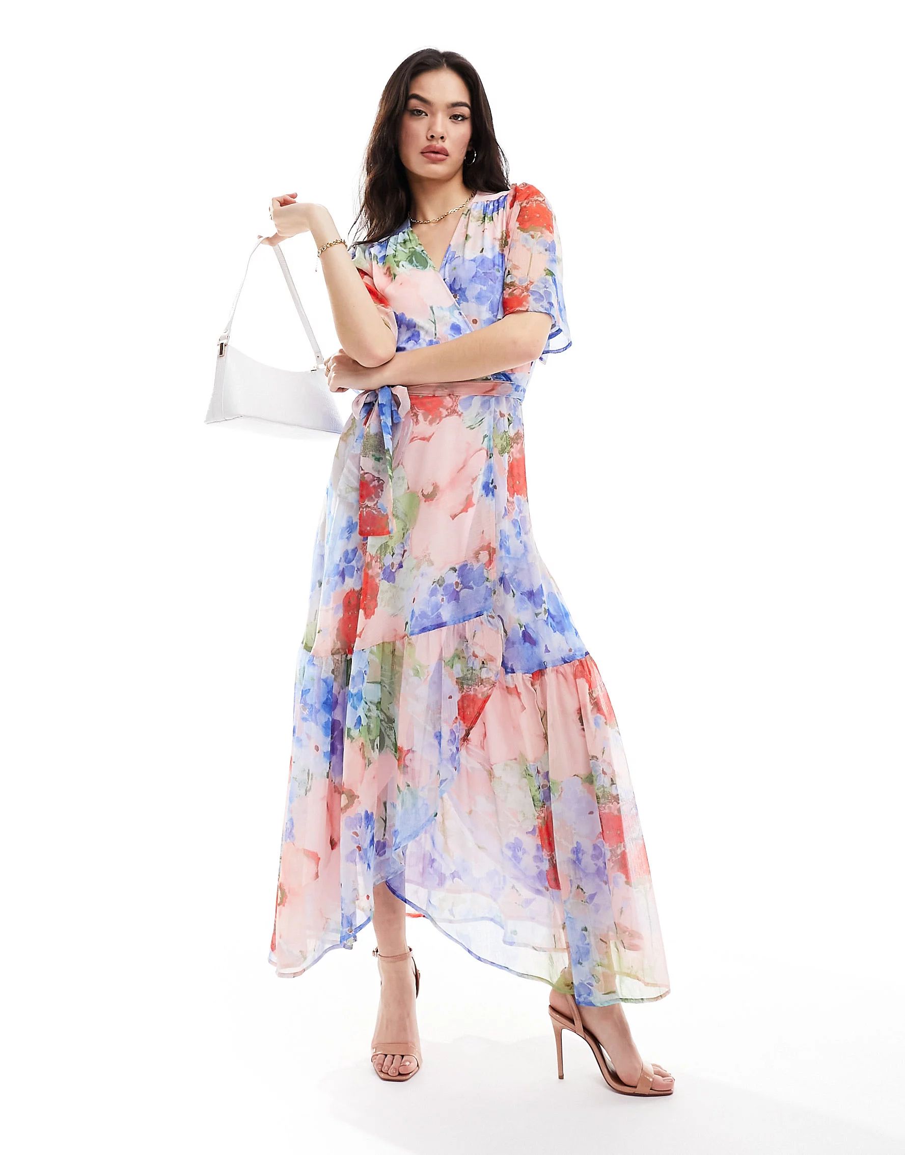 Hope & Ivy ruffle wrap maxi dress in blue & pink floral | ASOS (Global)