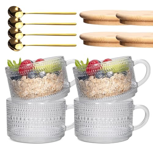 4pcs Set Vintage Coffee Mug, Clear Patterned Glass With Handle, Bamboo Lid and Spoon -14 oz. Idea... | Amazon (US)