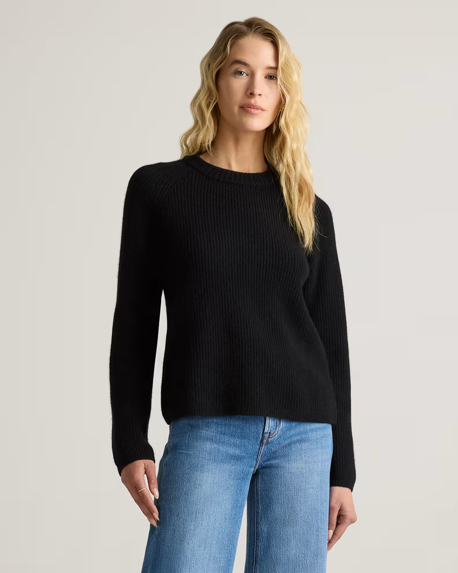 Mongolian Cashmere Fisherman Crewneck Sweater in Black | Quince