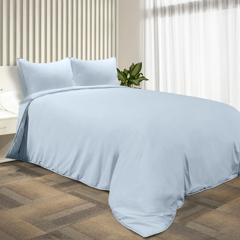 3-Piece Blue Washed Cotton Percale Comforter Set, Full/Queen | At Home